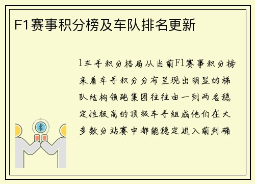 F1赛事积分榜及车队排名更新